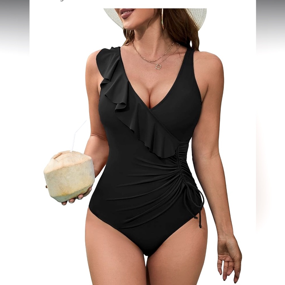 NWT BMJL One Piece Swim Adjustable ruched black size Large